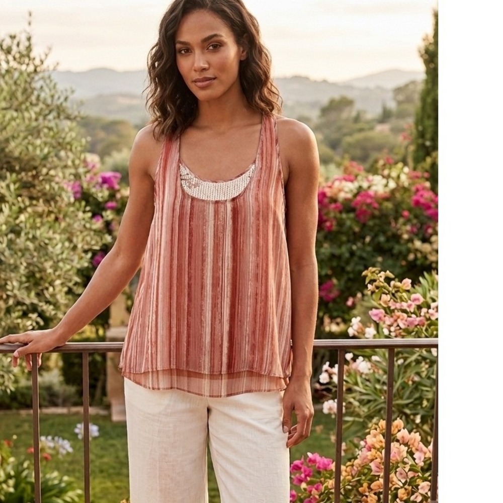 Adrienne‎ Landau Onyx Sandstone Sequin Tank Top XL Striped Chiffon Layered Boho